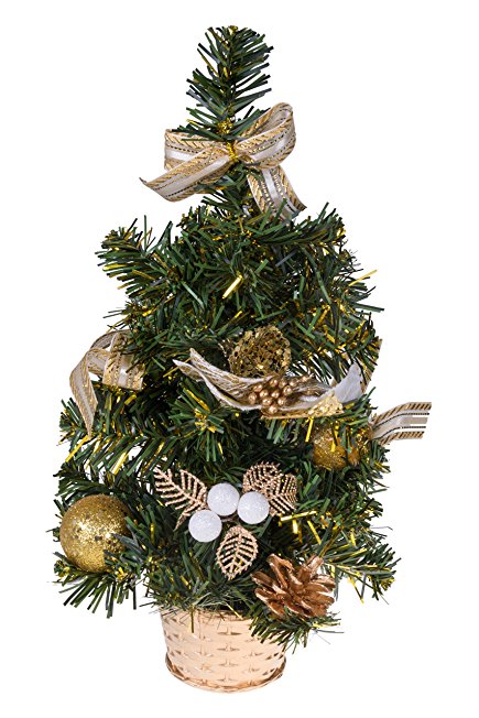 Mini Artificial Christmas Tree with Pinecone, Ribbon, and Ball Ornaments by Clever Creations | Gold Christmas Decor Theme | Decoration for Home and Office | 12" Tall Perfect for Table and Desk Tops