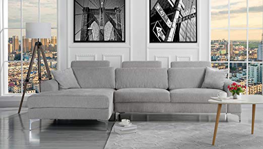 Divano Roma Furniture Modern Large Linen Fabric Sectional Sofa, L-Shape Couch with Extra Wide Chaise Lounge (Light Grey)