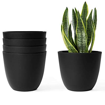 Mkono 6.5 Inch Plastic Planters Indoor Set of 5 Flower Plant Pots Modern Decorative Gardening Pot with Drainage for All House Plants, Flowers, Herbs, African Violets, Foliage Plants, Black