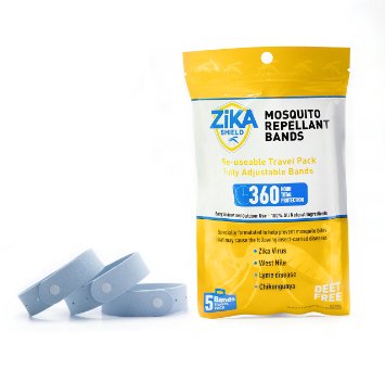 ZIKA Shield Mosquito Repellent Bands (5 Pack) 100% All Natural, Non Toxic and DEET FREE. Zika Virus Prevention and Protection.