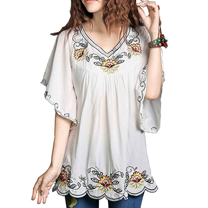 Ashir Aley Floral Embroidered Butterfly Sleeve Wrap Ruffled Peasant Tops Blouse