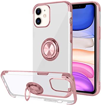 Ownest Compatible with iPhone 12 Case,iPhone 12 Pro Case with Built-in 360 Rotatable Ring Kickstand Fit Magnetic Car Mount and Clear Slim Soft TPU for iPhone 12/12 Pro (6.1 Inch)-Rose Gold