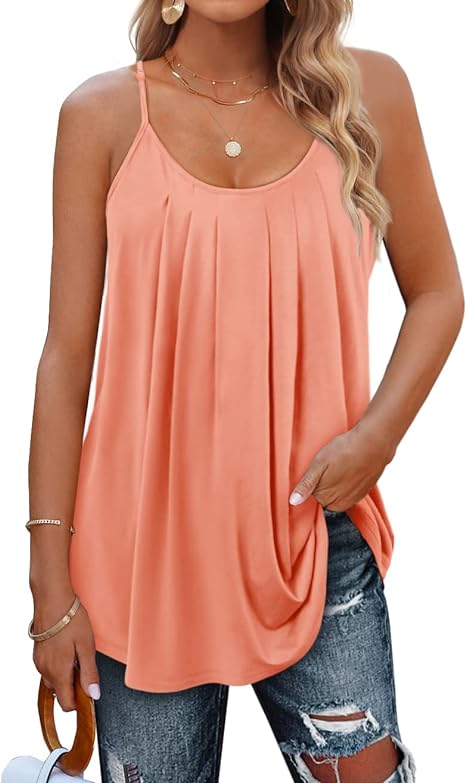 Aokosor Womens Vest Tops Summer Womens Tops Adjustable Spaghetti Straps Ladies Pleated Sleeveless Tank Ladies Tops