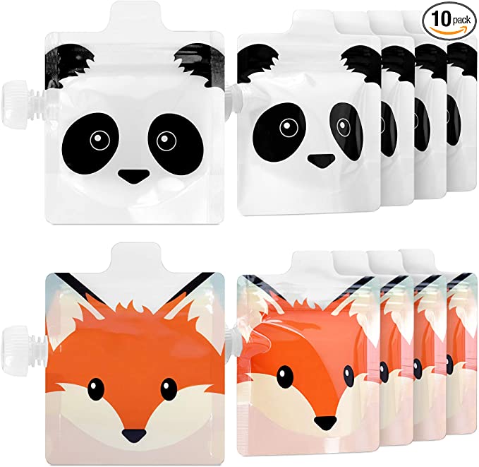 Navaris Reusable Baby Food Pouches (Set of 10) - 120ml Refillable Squeeze Pouch Pack - Easy to Fill with Puree for Weaning Babies - Fox and Panda