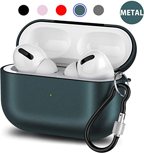 Metal Airpods Pro Case Cover, Upgraded Protective Skin Accessories Compatible Airpods Pro Wireless Charging with Keychain [Front LED Visible] (Dark Green)