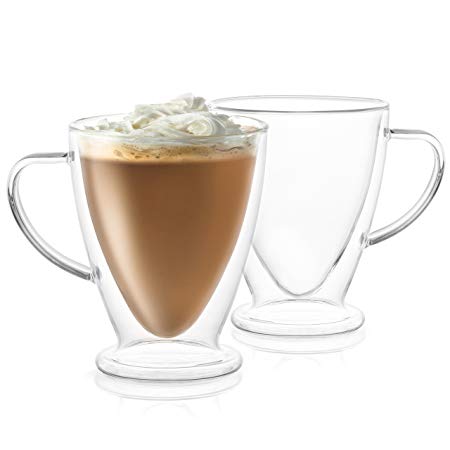 JoyJolt Declan Irish Glass Coffee Cups Double Wall Insulated Mugs Set of 2 Latte Glasses, 15-Ounces.