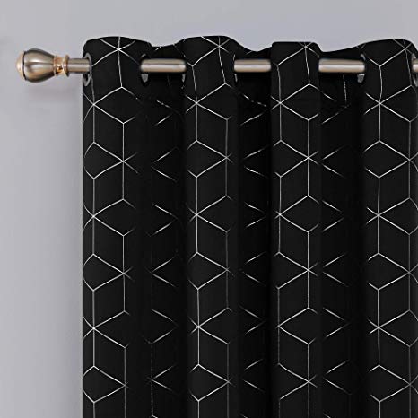 Deconovo Silver Diamond Foil Print Thermal Insulated Blackout Curtains Grommet Room Darkening Curtain for Living Room 52x95 Inch Black 2 Curtain Panels