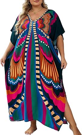 Bsubseach Women V Neck Tie Dye Kaftan Dress Plus Size Beach Cover Up Short Sleeve Caftan Maxi Dresses