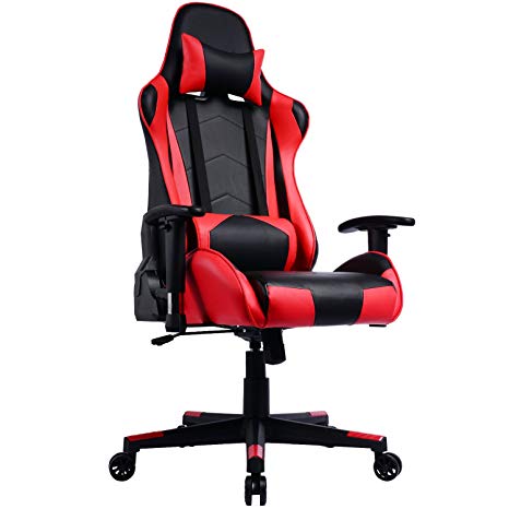 Gaming Chair with Reclining Backrest, Racing Style High Back Office Chair - Chaise Gamer (B - Red)