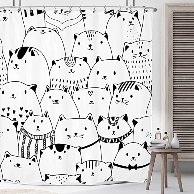 LIGHTINHOME Cat Shower Curtain 60Wx72H Inches Funny Black and White Naughty Cartoon Kitty for Kids Cat Lovers Funny Animal Lovely Pussy Cloth Fabric Waterproof Polyester Bathroom Decor Set with Hooks