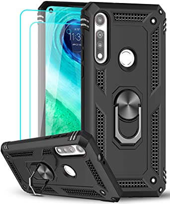 LeYi Case for Motorola Moto G Fast Phone Case with 2 Pack Screen Protector Tempered Glass, Ring Kickstand for Men Military Bumper Hard TPU Shockproof Full Body Silicone Protective Cover Moto G Fast Black