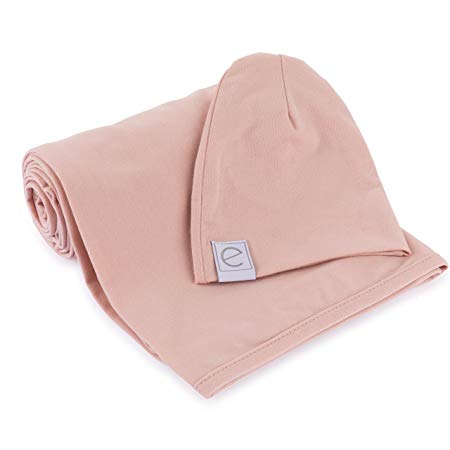 Cotton Knit Jersey Swaddle Blanket and 2 Beanie Baby Hats Gift Set, Large Receiving Blanket by Ely's & Co (Blush Pink)