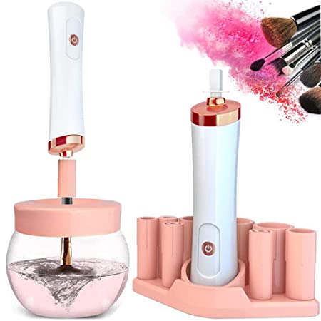 Makeup Brush Cleaner and Dryer, Super-Fast Electric Brush Spinner Machine Mat with 8 Size Rubber Collars, Wash and Dry in Seconds, Automatic Deep Cosmetic Makeup Brush Tools for Most Size Brushes