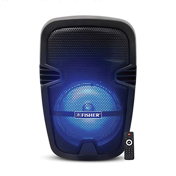 Fisher Compact 8" Portable PA System, Bluetooth, Rechargeable Speaker with Remote Control, Colorful Light FX, Karaoke Microphone Input, FM Radio, Aux/USB/TF Input