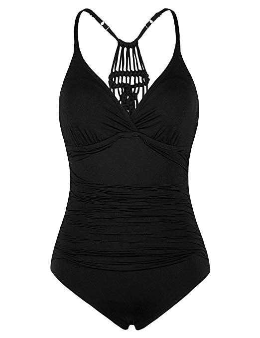 Hilor Women's Shirred Halter One Piece Swimsuits Macrame Back Swimwear Tummy Control Bathing Suit