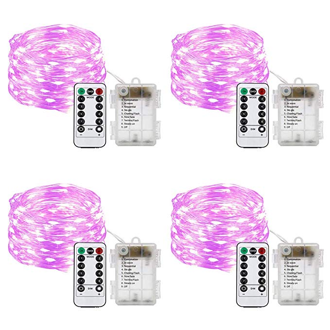 HAHOME 4 Packs Battery Operated Christmas Fairy String Lights with Remote for Holiday Wedding Halloween Patio Party Decoration,Pink