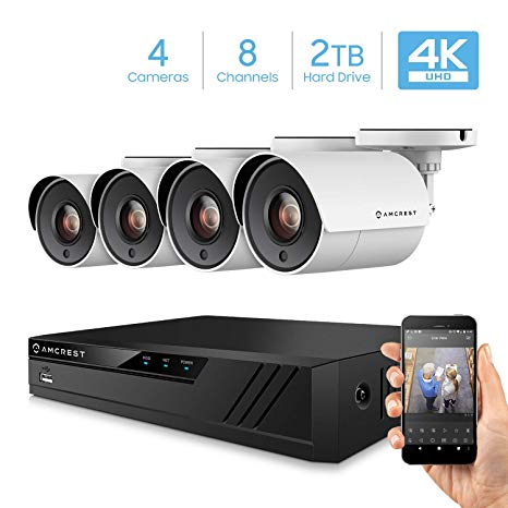 Amcrest UltraHD 4K 8CH Video Home Security Camera System with 4 x 4K (8MP) IP67 Bullet Outdoor Surveillance Cameras, 100ft Night Vision, Pre-Installed 2TB Hard Drive, (AMDV80M8-4B-W)
