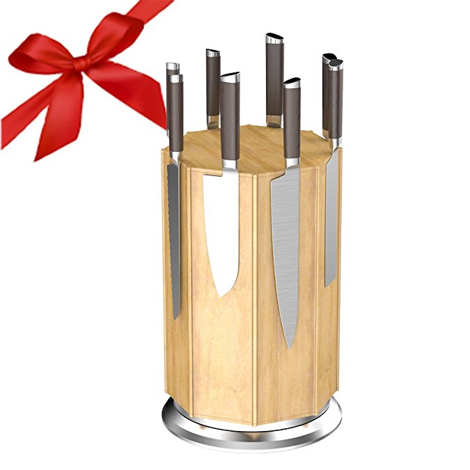 Knife Block,Cuteadoy 360°Rotating Bamboo Magnetic Knife Rack/Holder, Winner of Kitchen Test ,with Aluminum Alloy Base and Non-slip Feet, Luxury Gift and Amazing Handicraft (Natural)