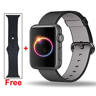 Inteny Apple Watch Band Series 1 Series 2,Colorful Pattern Woven Nylon Band With Free Silicone Band Replacement Wrist Bracelet Strap Buckle for iWatch,42mm,Black