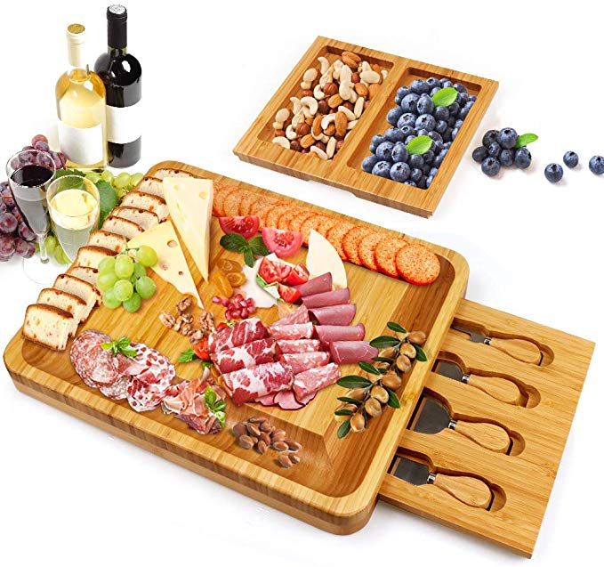 Bamboo Cheese Board and Knife Set, Cheese Servers with Hidden Drawer, Charcuterie Platter and Cheese Serving Tray for Wine, Crackers, Brie and Meat. Perfect for Christmas, Wedding &Housewarming Gifts
