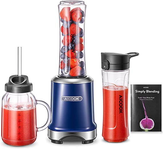 Personal Blender, Aicook Smoothie Blender with Stylish Mason Cup & Travel Bottle and Lids, Small Blender for Shakes and Smoothies with 4D Blades, Bonus Reusable BPA-Free Straw & Recipe, Cobalt Blue