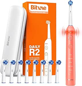 Bitvae R2 Brosse À Dents Électrique Rotative Pour Adultes Avec 8 Têtes De Brosse, Étui De Voyage, 5 Modes, Rechargeable Avec Capteur De Pression, Durée De Vie Jusqu'à 30 Jours, Orange Corail