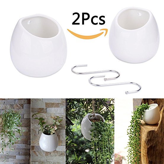 Supla 2 Pack Hanging Planter Wall Planter White Ceramic Round Pots Plant Containers Planter Holder Flower Pots Succulents Planter hanging plant pot with free s hook