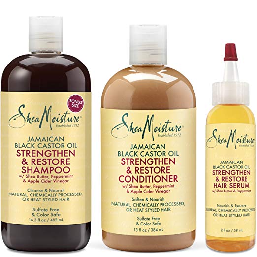 Shea Moisture Jamaican Black Castor Oil Strengthen Grow & Restore Combination Pack, Shampoo 16.3 Ounce | Conditioner 13 Ounce | Hair Serum 2 Ounce