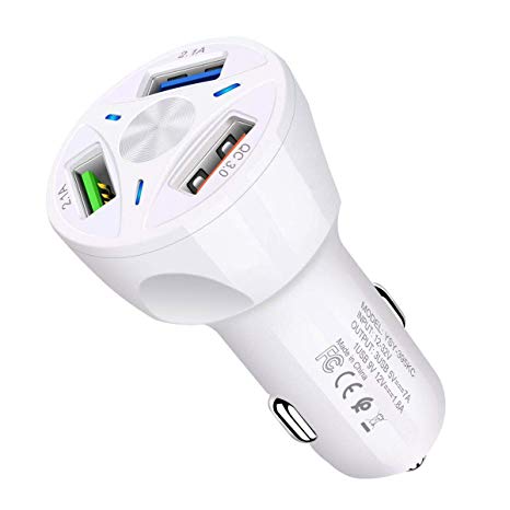 Hiapix Car Charger, 30W/6A QC3.0 3-Port USB Car Power Charger Adapter Compatible with cellphones, iPads, Cameras, Power Banks and All USB Charging Devices(White)