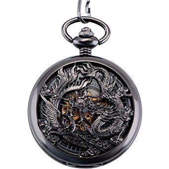 ManChDa® Antique Mechanical Pocket Watch Lucky Pattern (best wishes) Hollow Case Skeleton Dial with Chain   Gift Box