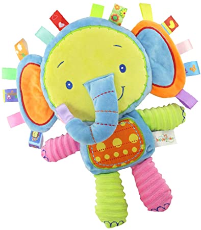 StoHua Baby Tags Toy, Taggie Security Blanket Elephant Stuffed Toy, Baby Plush Sensory Tag Toy with Ribbons & Rattle,Baby Gifts for Newborns,Infant