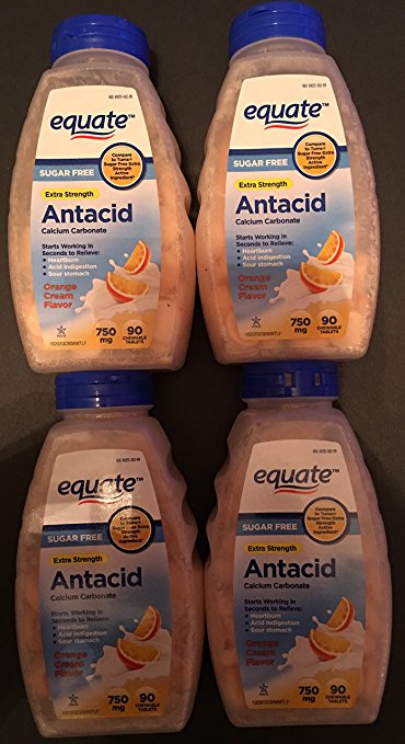 Equate Extra Strength Sugar Free Antacid Orange Cream Flavor 750 mg, 90 Chewable Tabs Compare to Tums (Pack of 4)