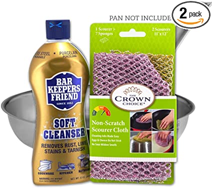 Pot Cleaner Set - BEST for Stainless Steel Cleaning Pots Pans - Bar Keepers Friend Soft Cleanser and Heavy Duty Non Scratch Scourer Set