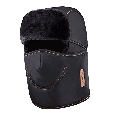 Winter Trooper Trapper Ushanka Hat, 2 in 1 Russian Hat and Ski Windproof Mask Neck Warmer, Thick Faux Fur Fleece Lined Hunting Snow Hat with Ear Flap