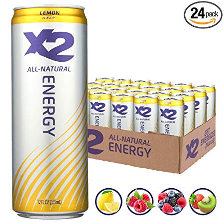 X2 All Natural Healthy Energy Drink: Great Tasting Non-Carbonated Energy Beverage with No Crash or Jitters – Less Sugar, Lower Calorie - No Artificial Ingredients - Lemon Pack of 24