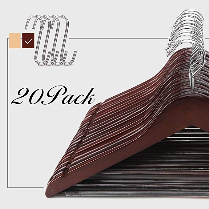 20-Pack Multifunctional High Grade Solid Wooden Suit Hangers, Coat Hangers, Walnut Finish, 4 Free S Hooks