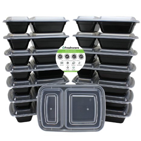 Freshware 15-Pack 2 Compartment Bento Lunch Boxes with Lids - Stackable, Reusable, Microwave, Dishwasher & Freezer Safe - Meal Prep, Portion Control, 21 Day Fix & Food Storage Containers (25oz)