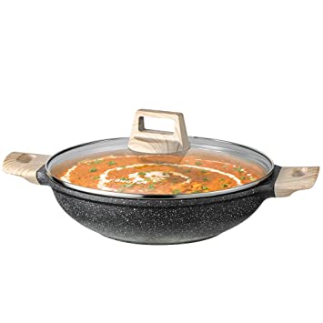 CAROTE Non Stick Kadai, Induction Kadai, Granite Stone Kadhai with Lid, Deep Frying Pan, Biryani Pot, 28cm/3.5L