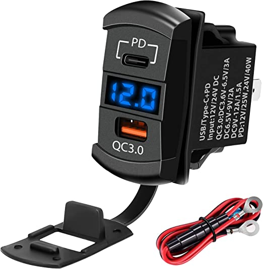 USB Charger Socket, Linkstyle 12v Rocker Switch Quick 3.0 USB C Car Charger PD Charge Panel with Blue Led Digital Voltmeter, Waterproof USB Socket Outlet Panel for Marine Boat Vehicle Truck Golf Cart