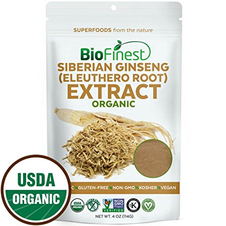 Biofinest Siberian Ginseng (Eleuthero Root) Extract Powder - 100% Freeze-Dried Superfood - USDA Certified Organic Kosher Vegan Raw Non-GMO - Boost Stamina Immunity - For Smoothie Beverage Blend (4 oz)