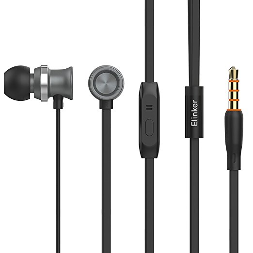 In Ear Headphones Elinker®Noise Cancelling Wired Earphones with Microphone,Deep Brass ,High Definition,TPE Wire Tangle Free Flat Cable Multi-function Earbuds,3.5 mm Jack for iPhone,iPad,iPod,Htc,MP3/MP4 Player ,etc (Grey)