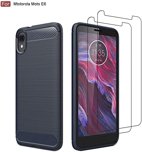 Avesfer for Motolora Moto E6 Case with Screen Protector Tempered Glass Resilient Soft TPU Cover [Shock-Proof][Scratch Resistant] Carbon Fiber (Navy)
