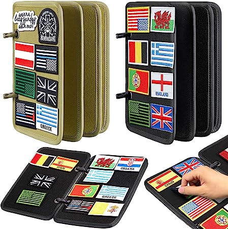 2 Pieces Flip Page Patch Book 10.6 x 7 Inches Display Pin Book Tactical World Flags Patch Booklet Organizer Patch Board Loop Patch Book with Removable Ring Binders for Patch Collector, Black and Khaki