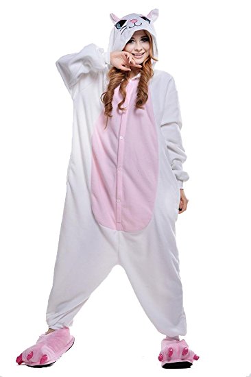 Newcosplay Unisex White Cat Pyjamas Onesie Halloween Costume