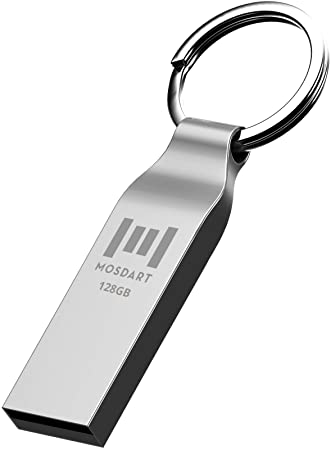 128GB Waterproof USB 2.0 Flash Drive Metal Thumb Drive with Keychain 128 GB Compact Jump Drive 128G Memory Stick for Storage and Backup by mosdart，Silver