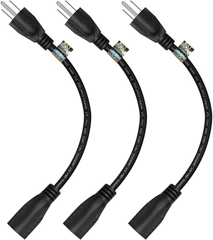 1 Foot Extension Cord - Three Prong Space Saver Short Cable - 3 Pack - 16 AWG Thickness - By Luxury Office