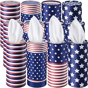 Outus 12 Pcs 4th of July Car Tissues Cylinder Boxes Tissue Bulk American Flag Stars Car Tissue Holder Round Travel Tissues Boxes for Memorial Day Independence Day Car Cup Holder Bathroom Living Room