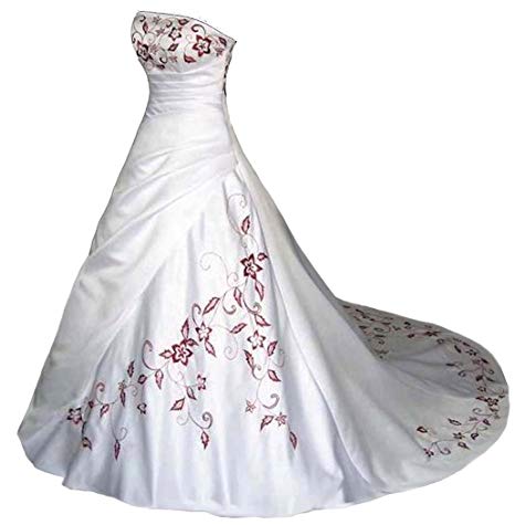 Faironly White Satin Red Embroidery Strapless Wedding Dress Bridal Gown (White Red)