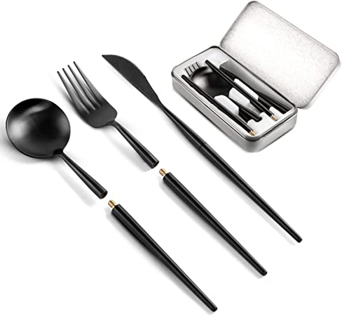 Odoland Portable Flatware Cutlery Set Stainless Steel Silverware Set with Storage Bag for Camping Outdoor Party Dinner Hiking 1 People Black