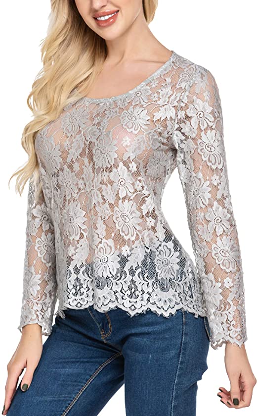 Zeagoo Women's Long Sleeve Sexy Sheer Floral Lace Blouse Top S-3XL